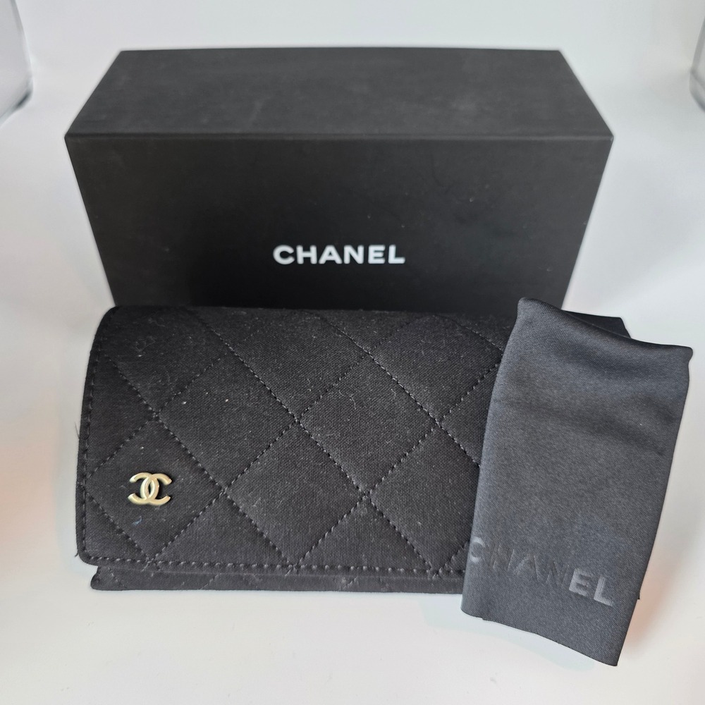 Chanel Black Quilted Fabric Eyewear Case with Box and Cleaning Cloth CC Logo